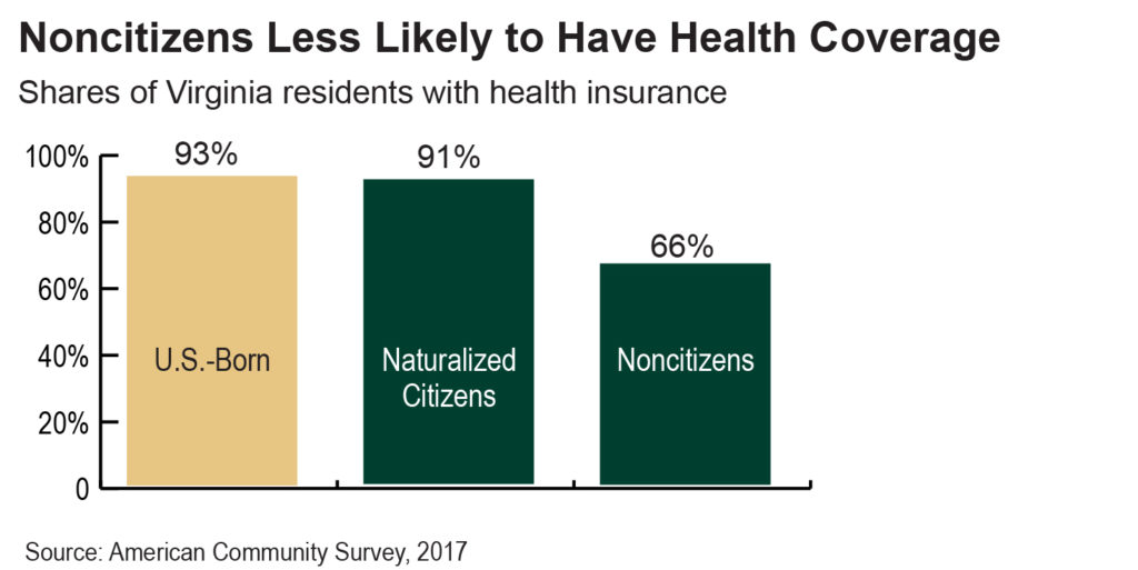 Bar graph showing the share of Virginia residents with health insurance. Noncitizens are less likely to have health coverage, according to American Community Survey 2017 data