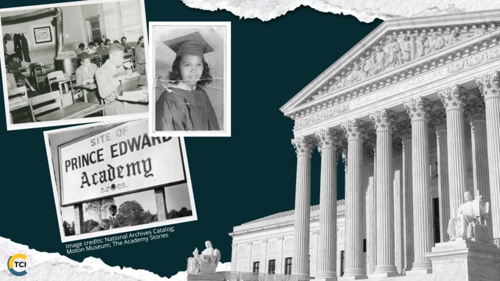 black and white photos related to the beginnings of giving public funds to private schools; students at Moton High School, Barbara Rose Johns, and a Prince Edward Academy Sign, and the U.S. Supreme Court