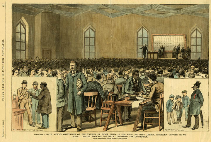 A group of men fill a large room, some are seen sitting around tables, while half a dozen are on a raised stage at the front of the room. Two smaller images appear in the bottom corners showing 3 to 4 people gathering together. Richmond labor history