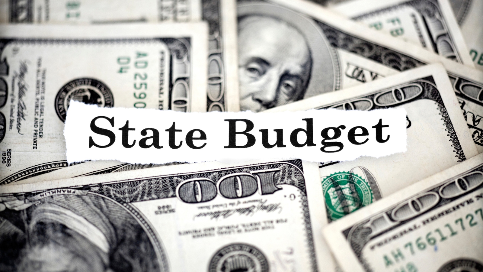 a pile of money appears in the background along with the words state budget. Text in foreground says Join us on Wednesday, Feb. 21, at 11 am