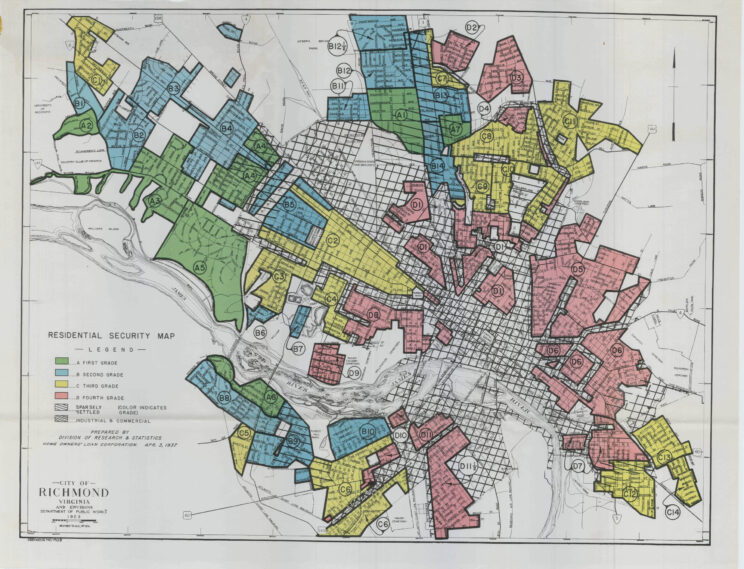 1923 map of the City of Richmond, grading neighborhoods by color, according to their racial makeup.