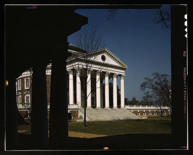 The Rotunda, a round building with a large porch area in front supported by large columns, at the University of Virginia, Charlottesville, Va