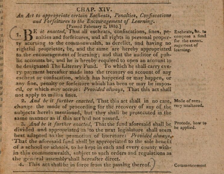 Scanned page of Acts passed by the General Assembly, showing Chapter 14, which established the Literary Fund, as passed on February 2, 1810