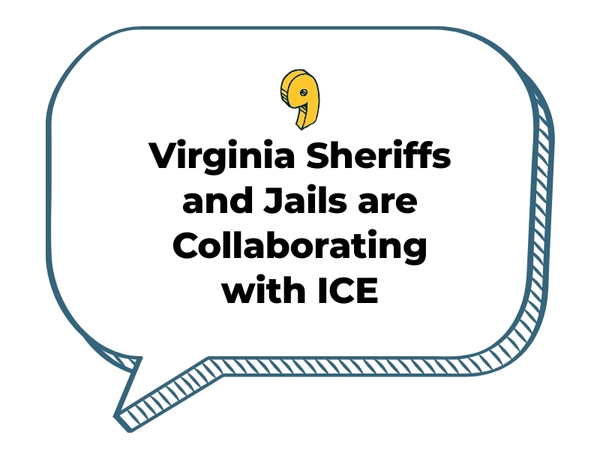 Text in a speech bubble says "Number 9. Virginia Sheriffs and Jails are Collaborating with ICE"