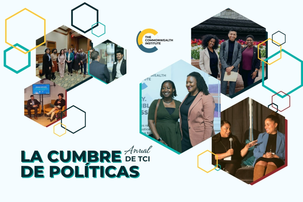 Collage de fotos del evento "Cumbre Anual de Políticas de TCI", organizado por el Commonwealth Institute. La imagen muestra a personas participando en mesas redondas, interactuando en grupos y posando para fotos en un entorno profesional. El diseño incluye formas hexagonales en varios colores y el logotipo del Commonwealth Institute en el centro. El texto en la parte inferior dice: "Cumbre Anual de Políticas de TCI".