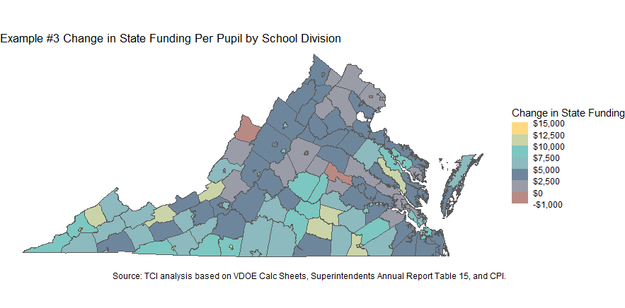 Map of Virginia school divisions showing the estimated change in state funding per pupil under Example #3. Nearly all divisions would receive increased funding, with increases generally ranging from a few thousand dollars to more than $10,000 per pupil.
